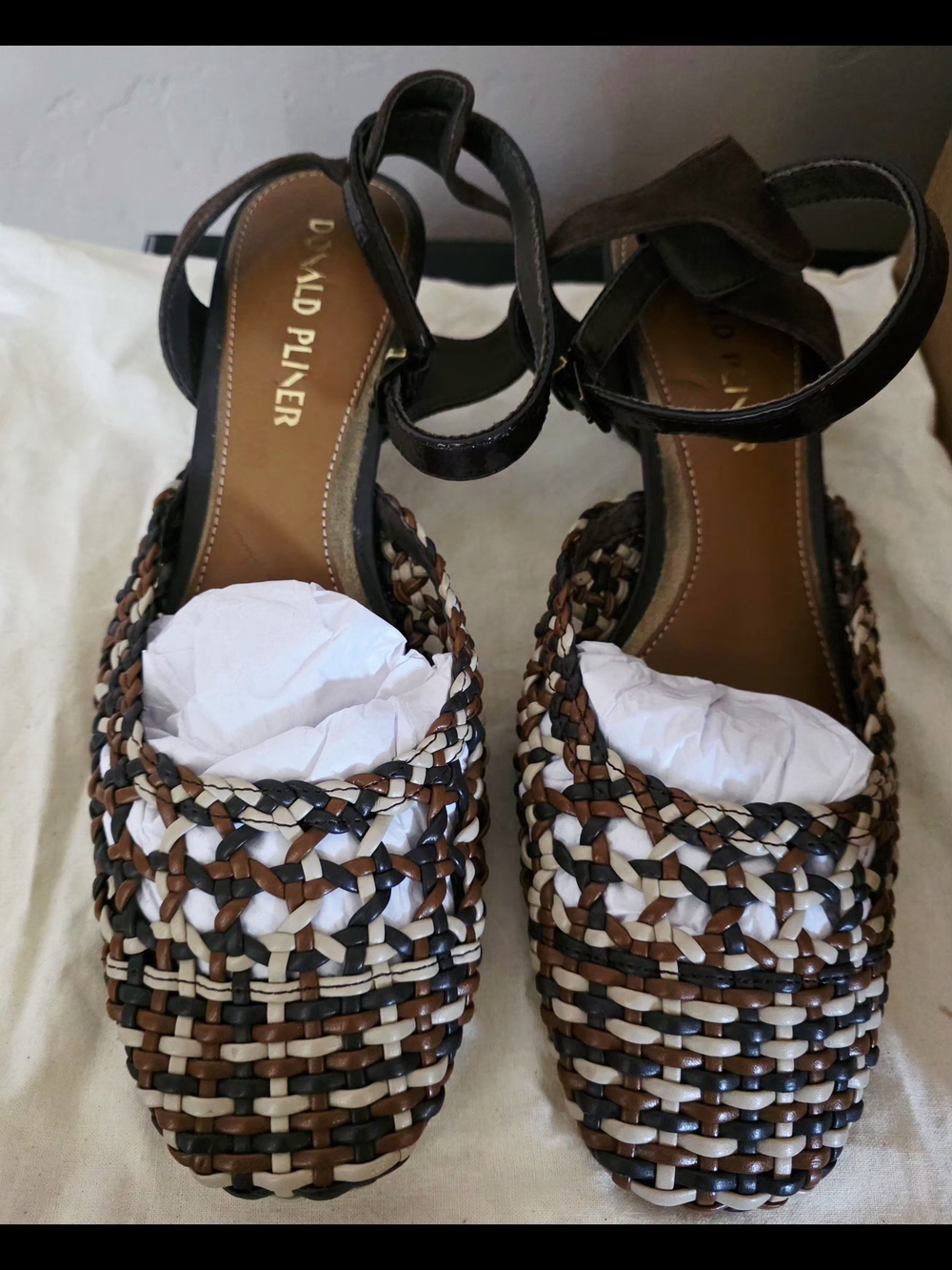 Donald J. Pliner Brown Tan Cream Woven Leather Slingback Sandals